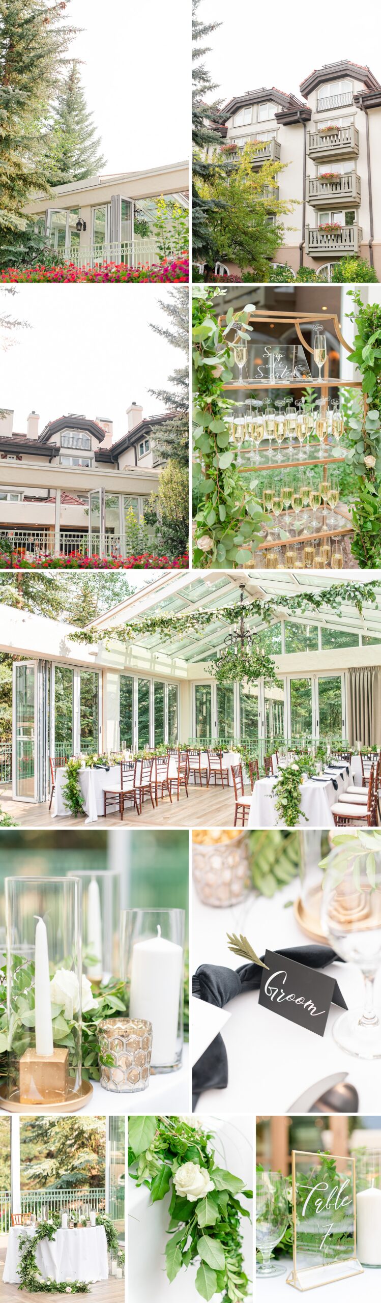 A collection of details of an outdoor greenhouse sonnenalp vail wedding reception with candles and champagne tower
