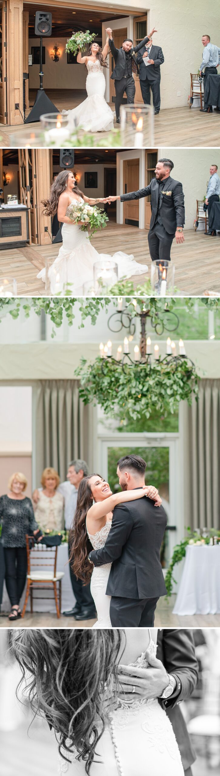 Newlyweds enter their reception and enjoy their first dance in a collage from their sonnenalp vail wedding reception