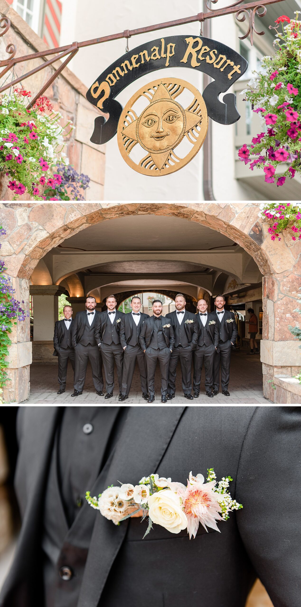 A groom stands with his groomsmen under a stone archway with details of the sonnenalp vail wedding venue sign and his boutaniere