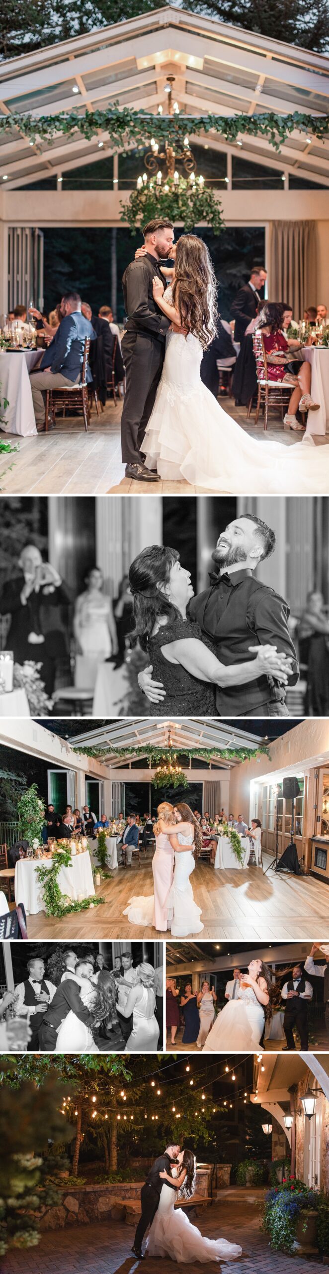 A collection of images from the first dances during a sonnenalp vail wedding reception under market lights