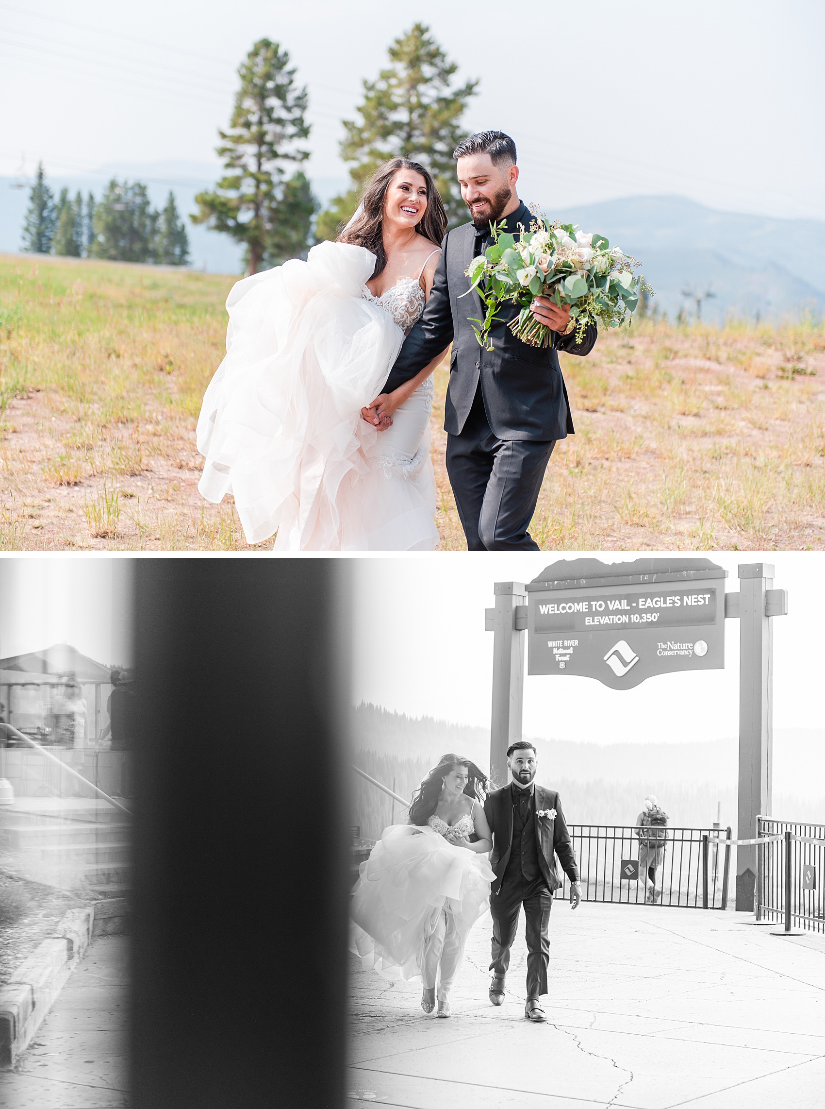 Newlyweds walk holding hands on a hilltop while laughing above them walking the sidewalk at the sonnenalp vail wedding venue