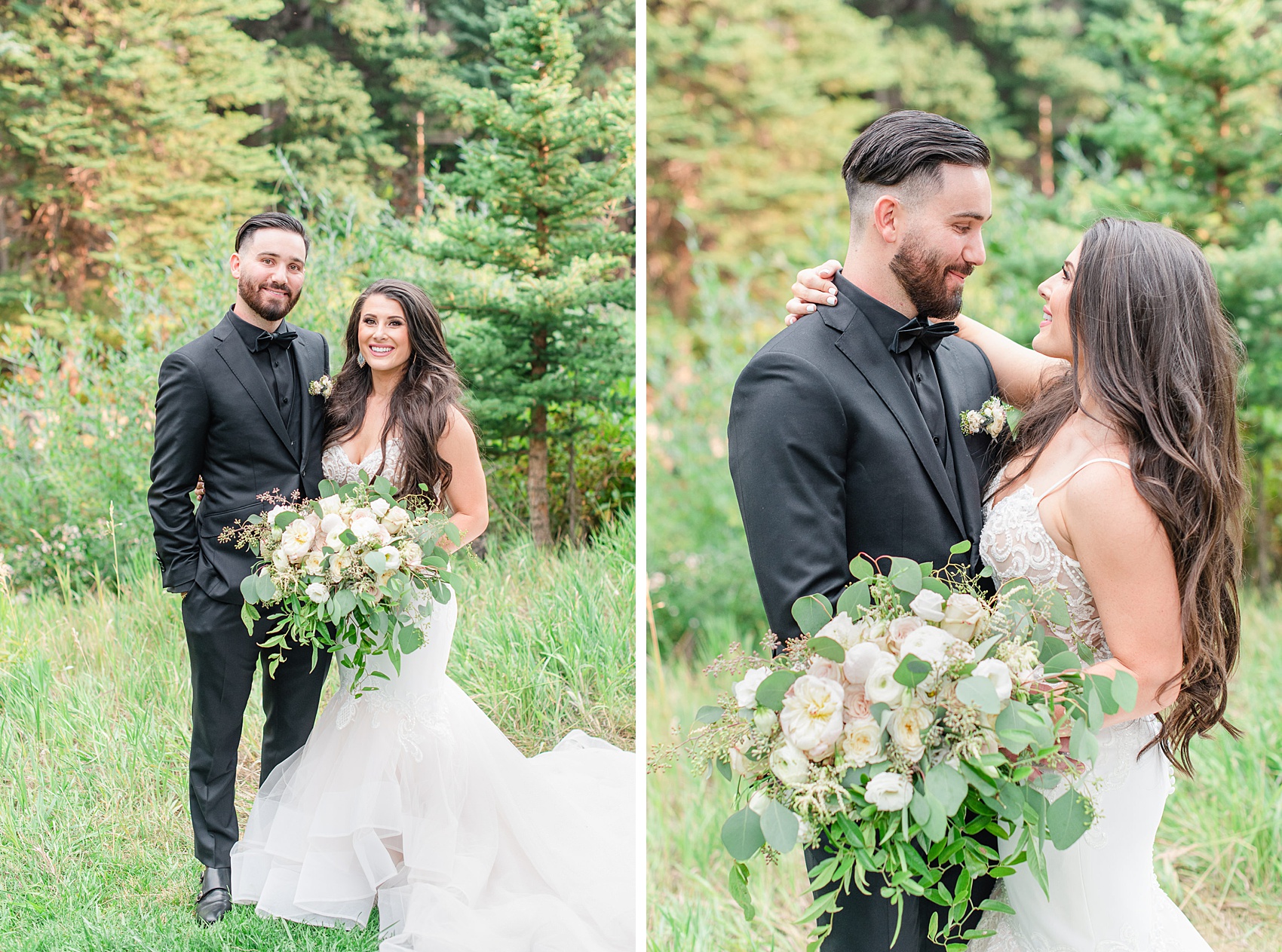 A bride smiles while hugging and standing with her groom in all black on the edge of the forest at sunset during their sonnenalp vail wedding